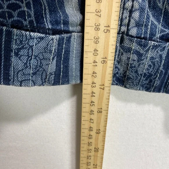 MARITHE FRANCOIS Womens Denim Jacket Blue Striped‎ Dragon Print Cropped Size XL - Picture 6 of 9